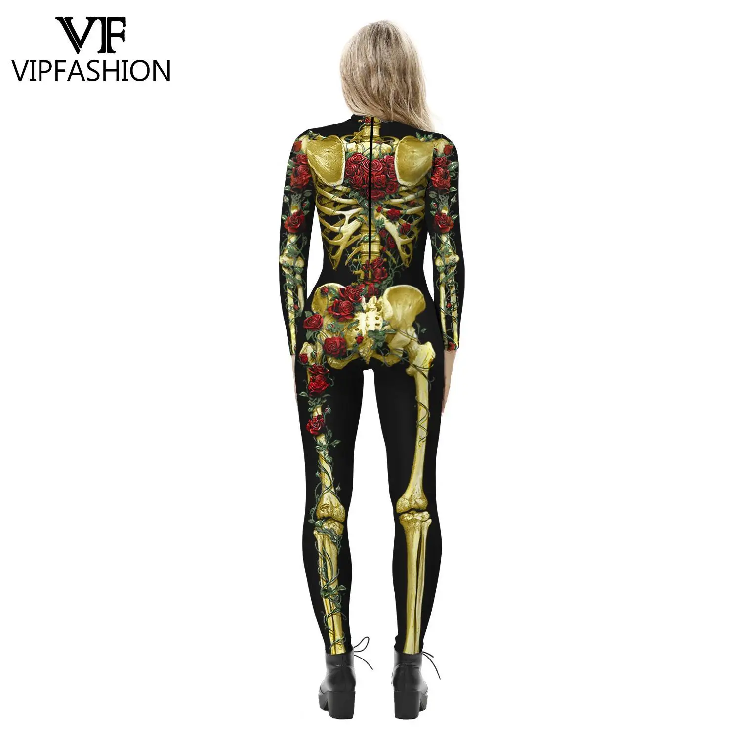 VIP FASHION Halloween Cosplay Costumes for Women Adult Skeleton Print Long Sleeve Carnival Party Bodysuit Jumpsuit