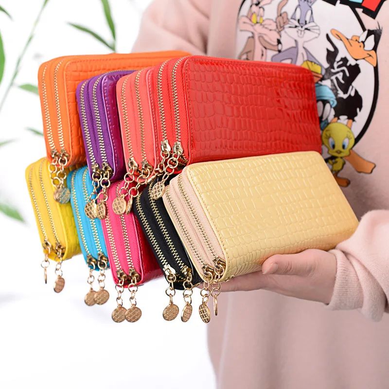 Female Pu Leather Lacquered Coin Purse Fashion Double Zipper Solid Color Stone Pattern Portable High Capacity Wallet