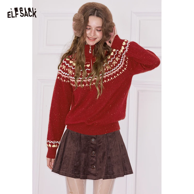 ELFSACK Women's Vintage Cropped Sweater with Heart Bow Fair Isle Knit, Half‑Zip Turtleneck Pullover for Autumn Daily Outfit