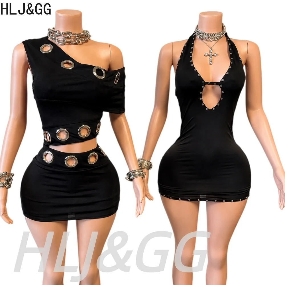 HLJ&GG Fashion One Shoulder Hole Mini Skirts Two Piece Sets Women Slim Crop Top And Skirts Outfit Trend Y2K 2pcs Streetwear 2026