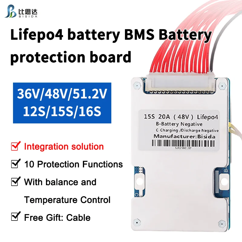 Bisida BMS Lifepo4 Battery 36V/48V51.2V/12S/15S/16S Common port Chargeable with balance NTC for Electric bicycle solar