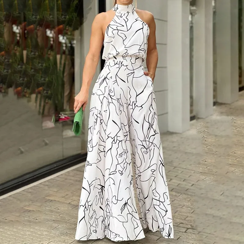 

CPSYMYM Women's New Fashionable Round Neck Sexy Tie Sleeveless Suspender High Waisted Backless Printed Wide Leg Long Jumpsuit