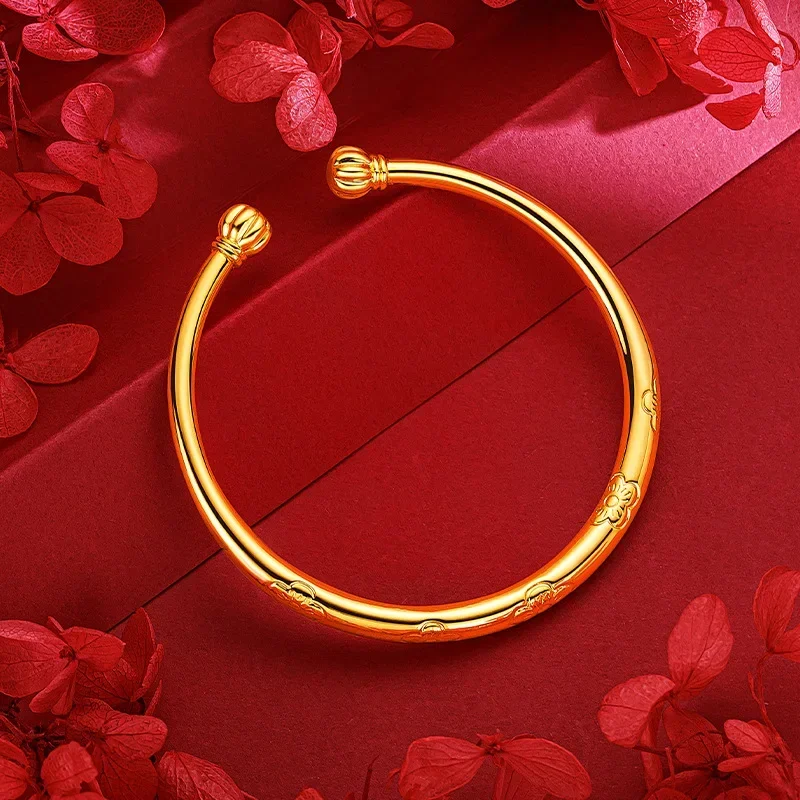 9999 Real Gold 24K New Chinese Pumpkin Head Plum Blossom Bracelet, Gold Color Adjustable Plum Blossom Women's Bracelet