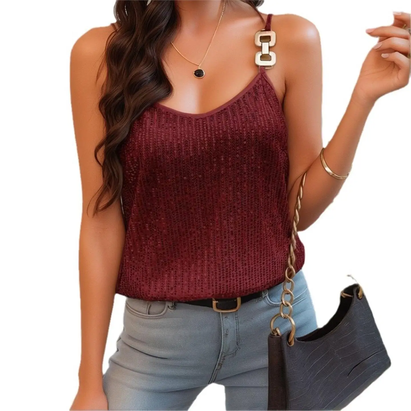 Seksowna bazowa bluzka damska w stylu europejskim, cienka, z czystego materiału, idealna na imprezy i bankiety.