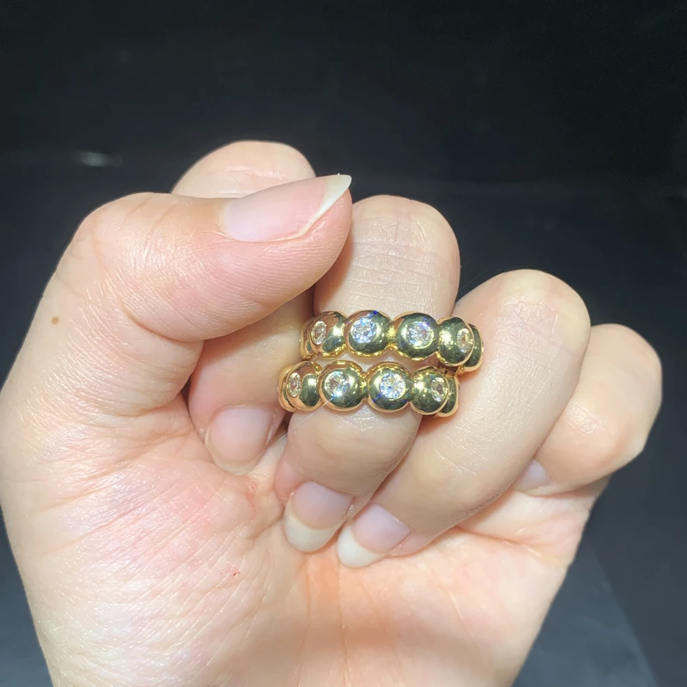 Geometric Gold Color Round Beaded Band Clear 5A Cubic Zirconia CZ Sparking Fashion Women Finger Rings