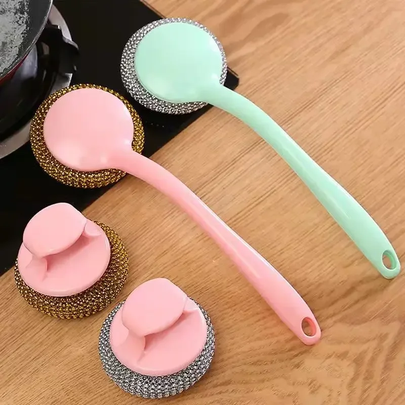 Steel Wire Ball Scrubber Dish Cleaning Brush Stainless Steel Long Handle Sponge Balls Cleaner for Washing Pot Dish Pan Bowl Tool