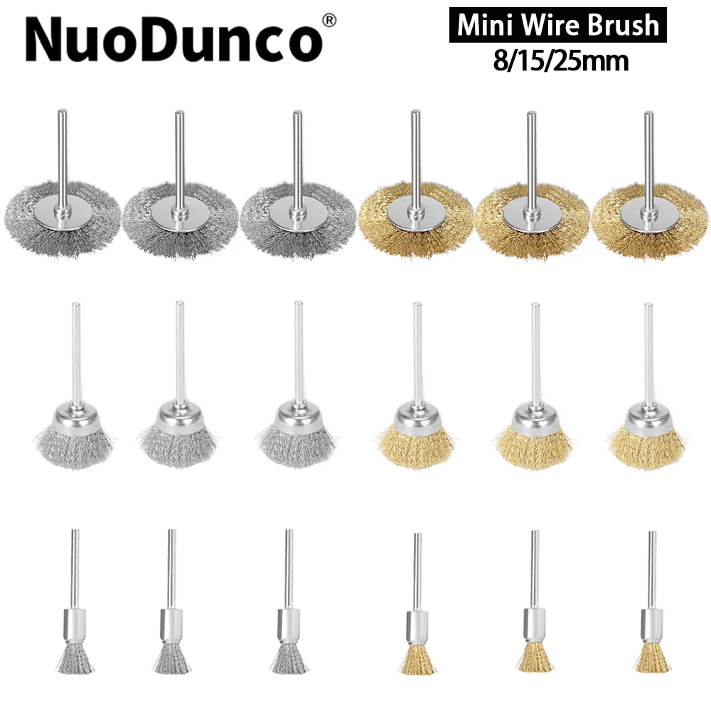 9/36pcs 8/15/25mm Mini Brass Stainless Steel Wire Wheel Brush Set Cup/ Pen/T Shaped Wire Brush Rotary Tool for Burrs Dust Quick