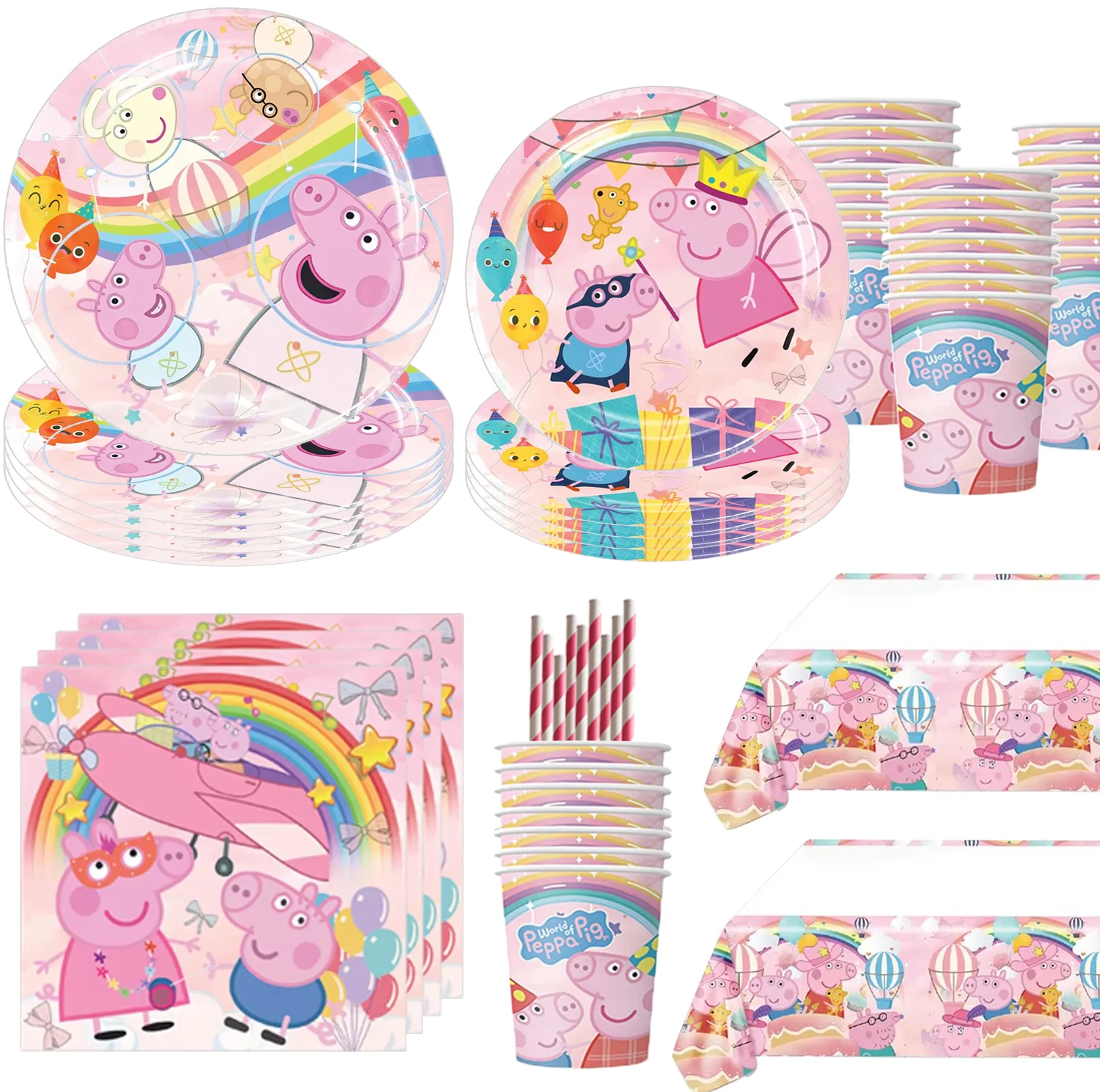 Peppaed Pig Paper Tableware Kids Favors Pink Theme George Page Happy Birthday Flag Party Decoration Tablecloth Balloons Kit