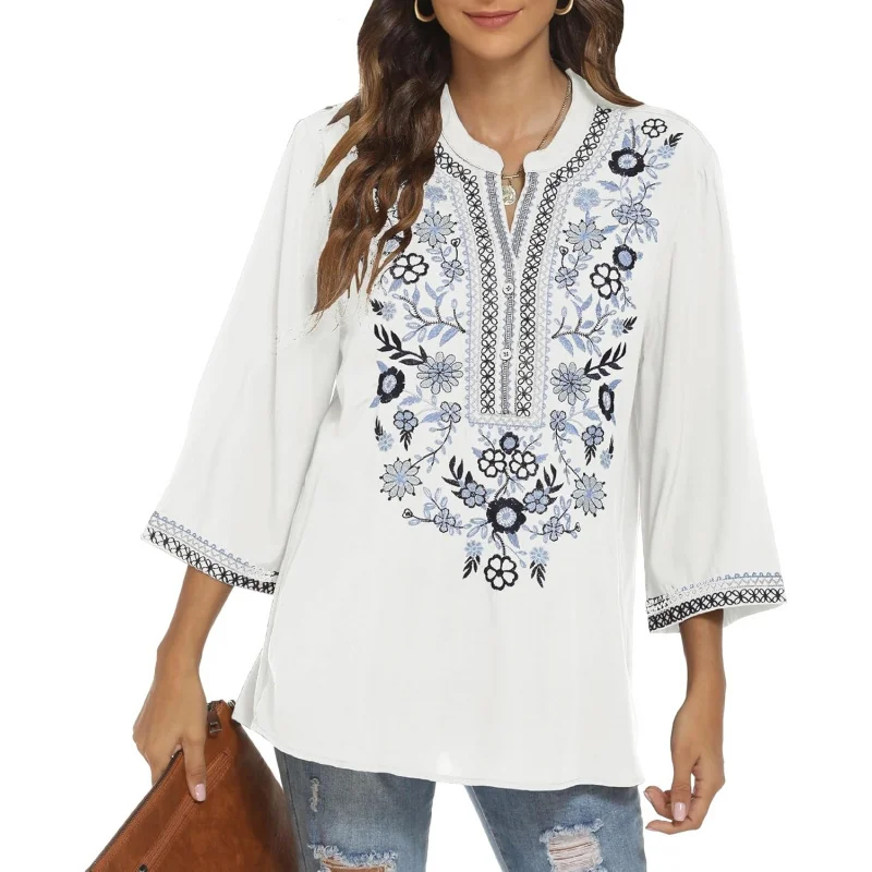

Traditional Mexican Embroidered Peasant Tops for Women, Plus Size Vintage Floral Tunic Shirts, Flowers Embroidery Blouses