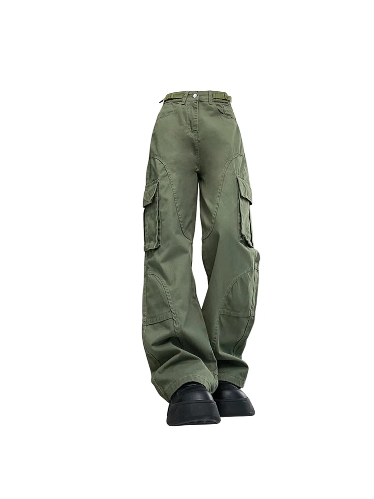 Women's Green Cargo Pants Baggy Harajuku Streetwear Straight Pants Y2k 2000s Parachute Pants Vintage Trousers Clothes Fashion