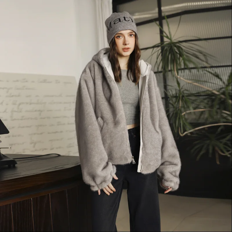 

Autumn Winter Women's Hooded Double-sided Plush Jacket Warmth Fur Down Cotton Coat Both Sides Women's Clothing Parka