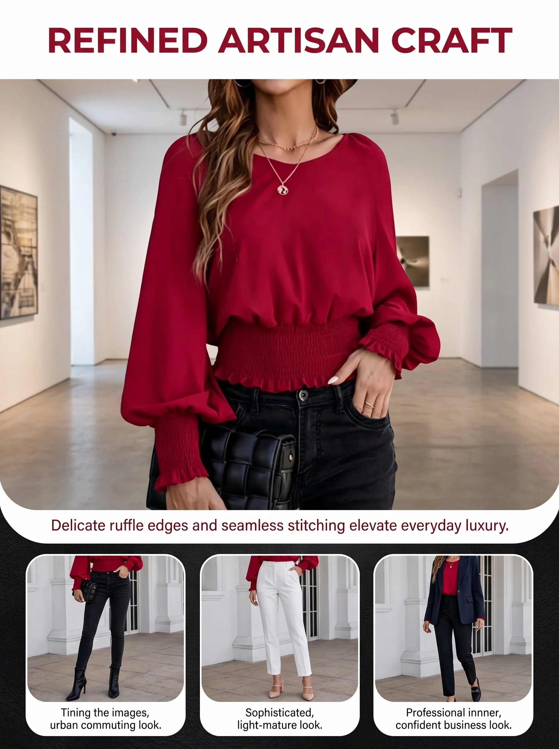 Damen Rote Bluse Lange Puffärmel O-Ausschnitt Geraffte Taille Rüschenmanschette Chiffon-Hemd Elegante Lässige Büro-Damen-Oberteile 2025 – Detail 4