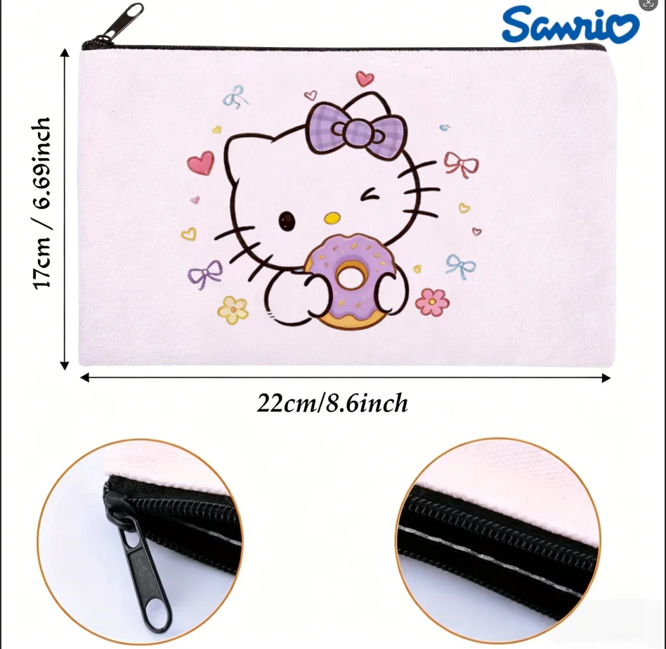 

1pc Cute Sanrio Hello Kitty Purple Bow Donut Canvas Cosmetic Bag Double-side Print Multi-use 22x17cm Daily Zipper Organizer