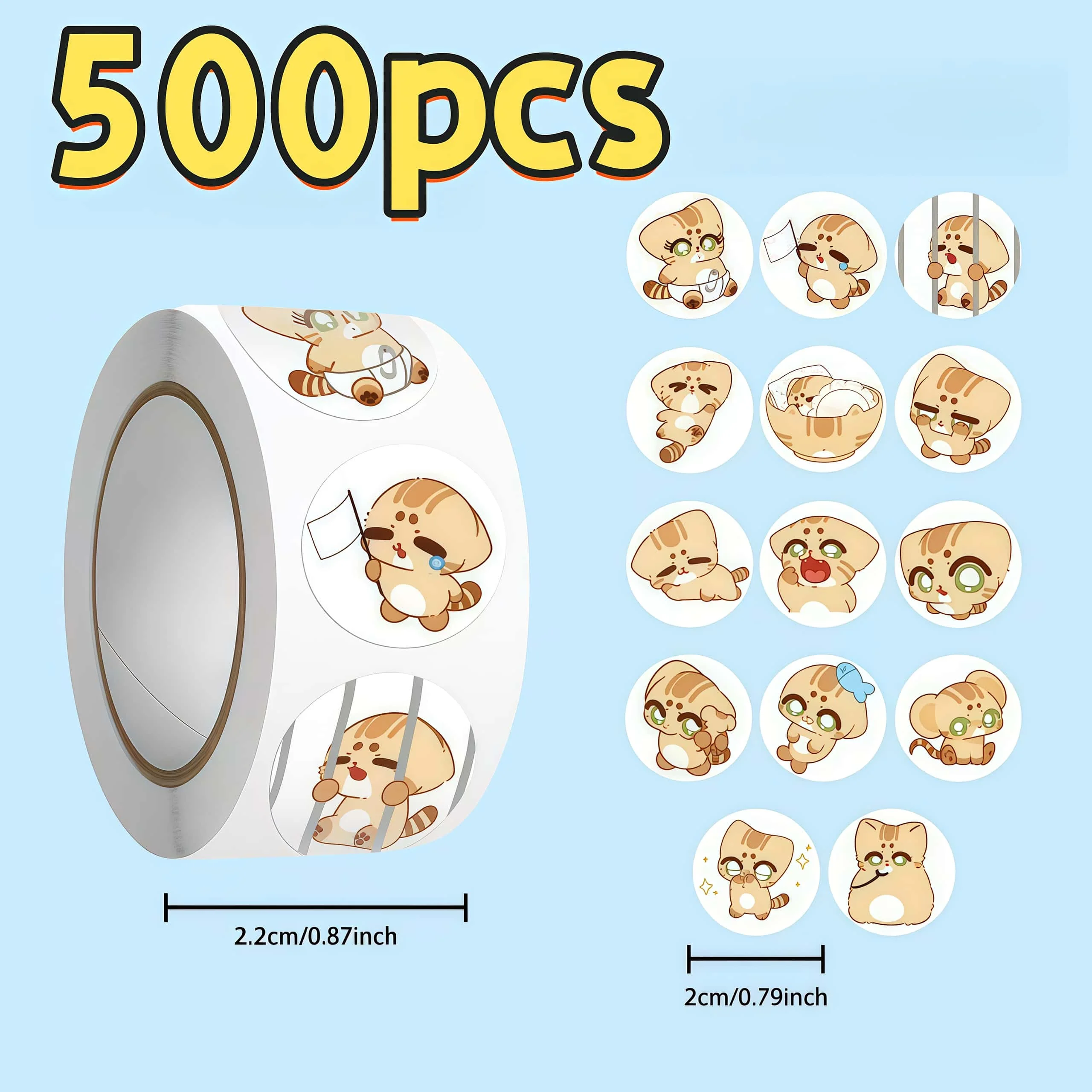 500Pcs Round Cute Golden Shading Cat Sticker Roll, Multi Expression Cartoon Kitten Seal Labels for Packaging, Journal & DIY