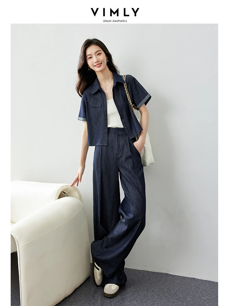 VIMLY Women\'s Vintage Clashing Color Denim Sets Summer Turndown Collar Shirt Top+Wide-Leg Pants Casual Simple Matching Set