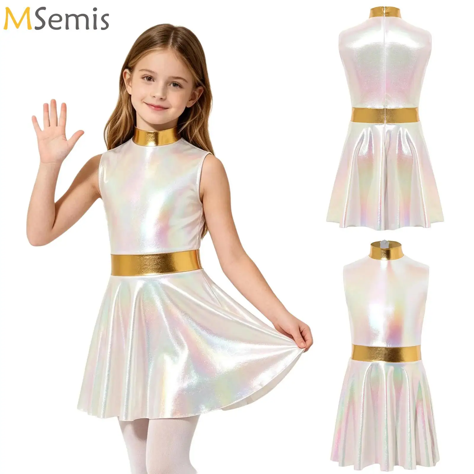 Sleeveless Color-blocked Metallic Dress Kids Jazz Stage Performance Costume Girls Hip Hop Street Dance Competition Costume Alien