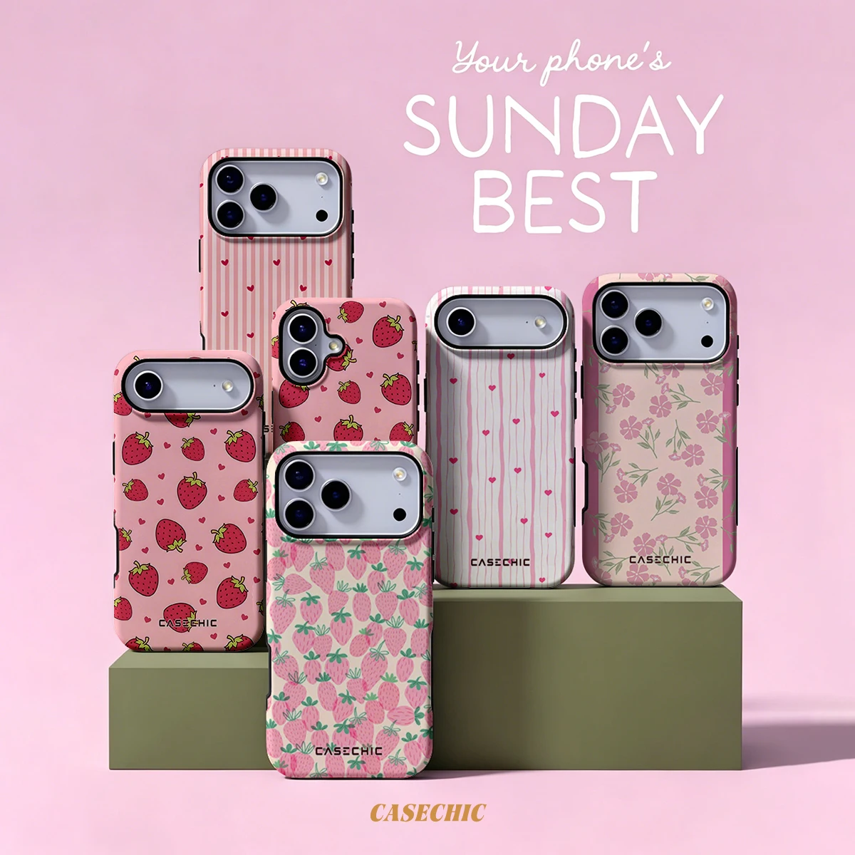 Pink Strawberry Flood For Samsung Galaxy S26 S25 S24 A56 A36 Dual Layer Luxury Fashion Full Lens Protective phone Cover CaseChic