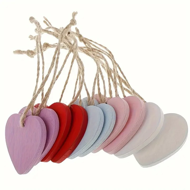 10Pcs Colorful Wooden Heart Chips Tags For Valentines Day Gift Packaging Decoration Heart Shape Wood Pendant DIY Crafts Supplies