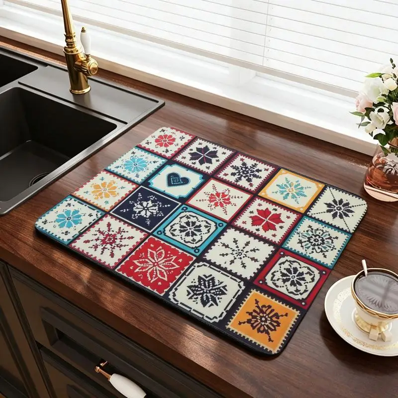 Bohe Tile Print Kitchen Drying Mat Non Slip Super Absorbent Countertop Dish Draining Pad for Small Apartment Kitchen