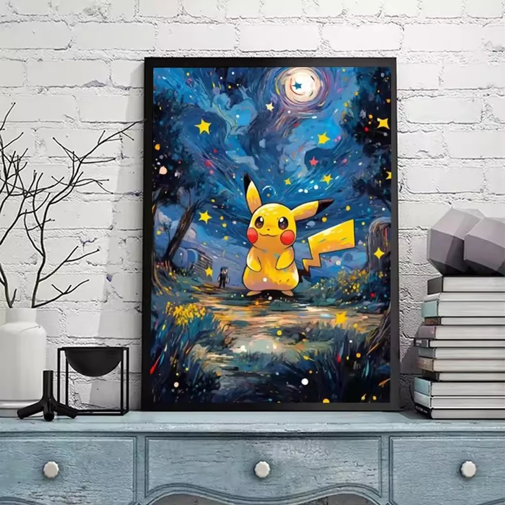 Van Gogh Starry Sky Anime Figures Pokemon Pikachu Watercolor Painting Canvas Posters and Prints Wall Art Picture for Living Room