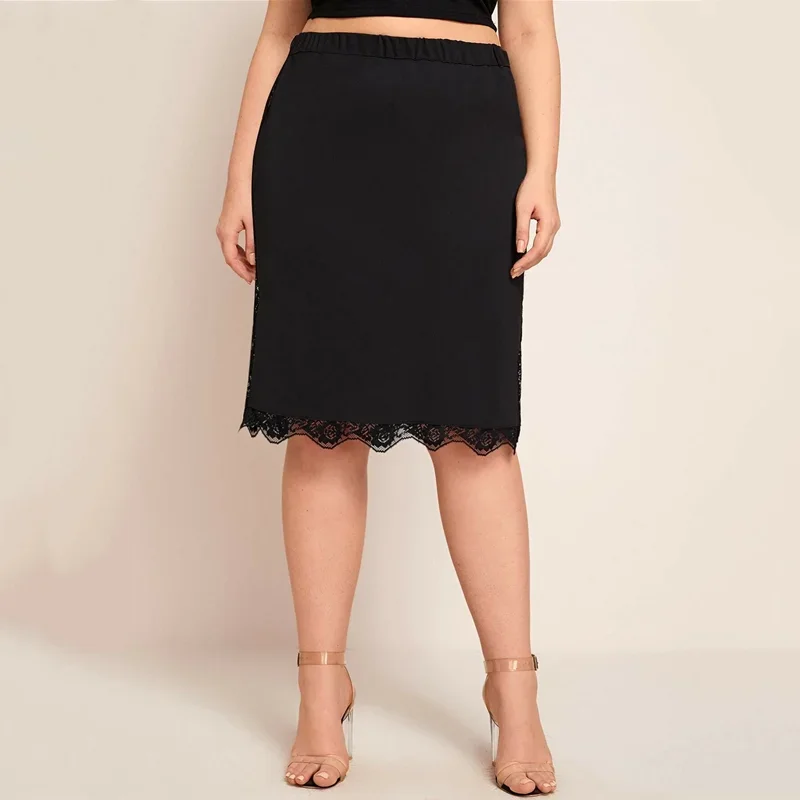 Plus Size Elastic Waist Sexy Summer Elegant Bodycon Skirt Women Lace Trim Black Business Casual Midi Skirt Work Office Skirt 6XL