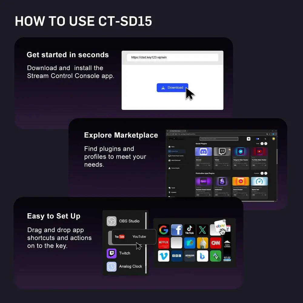 Cinetreak CT-SD15 Versatile Live Streaming Control Console for Creators,15 Customizable LCD Smart Keys with Dynamic Icon Display
