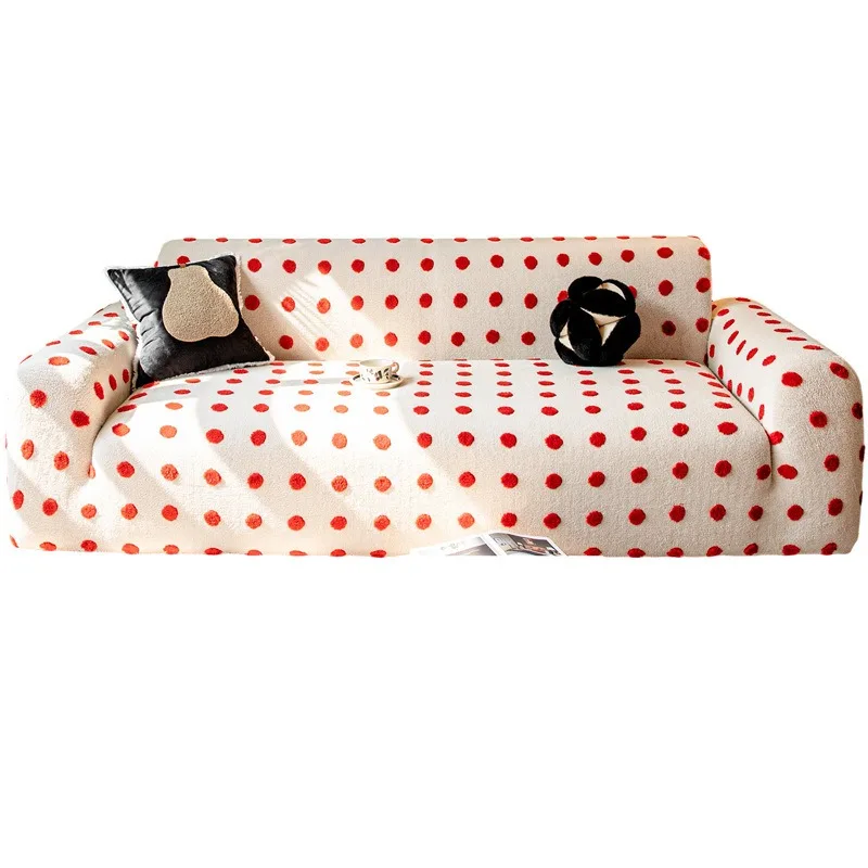 French‑Style Polka Dot Sofa Slipcover, Soft Thick Velvet Couch Cover High Elastic Washable Furniture Protector for 1-3‑seat Sofa