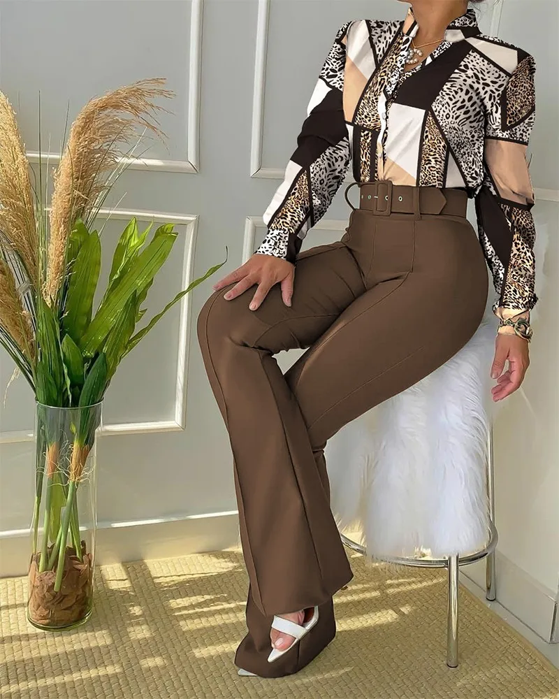 Ensemble 2 pièces pantalon et chemisier à ceinture pour femme, streetwear féminin, tenues décontractées, polyvalent, imbibé, mode, automne, hiver,