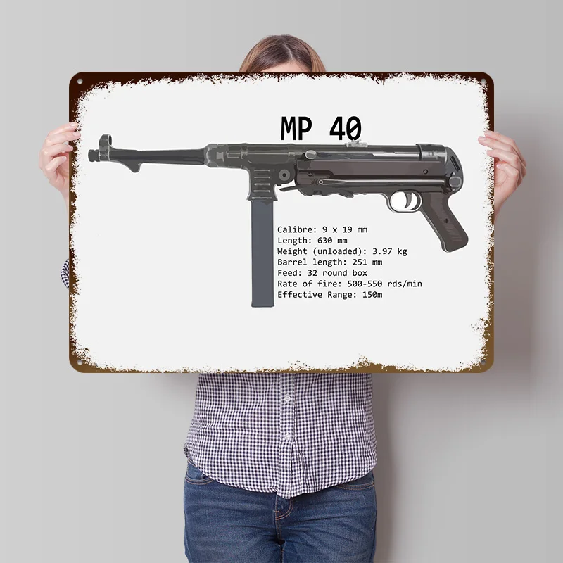 MP 40 Sub Machine Gun Metal Poster Customized Wall Art Retro Vintage Tinplate Signs for Office Decor Room Luxury Decoration H