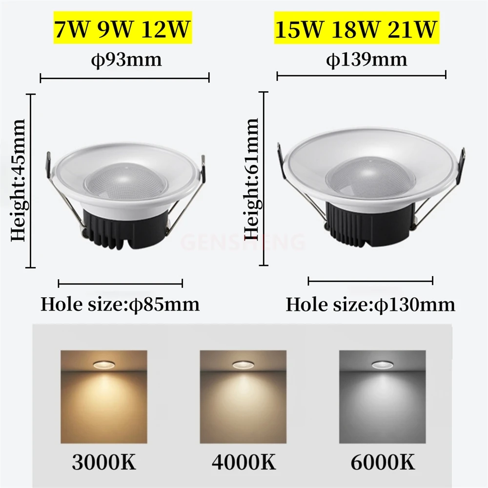 Dimmable LED Recessed Downlight Adjustable Brightness White Ceiling Light for Home Office Kitchen Bedroom Bathroom LED Lighting