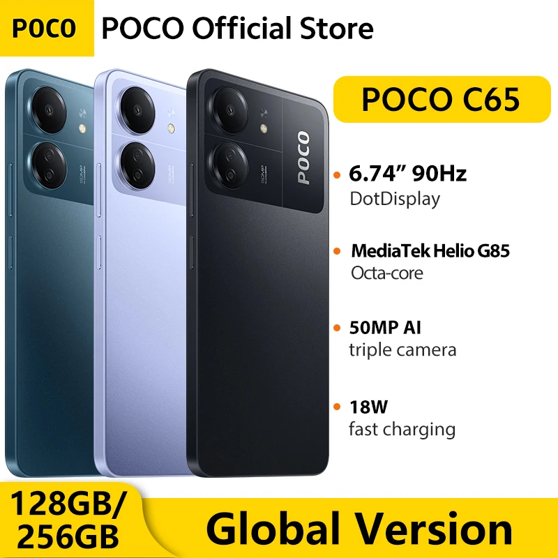 POCO C65 versión Global, 128GB/256GB, NFC, MediaTek, Helio G85, pantalla de 6,74 pulgadas, 90Hz, Triple cámara de 50MP, carga rápida de 18W