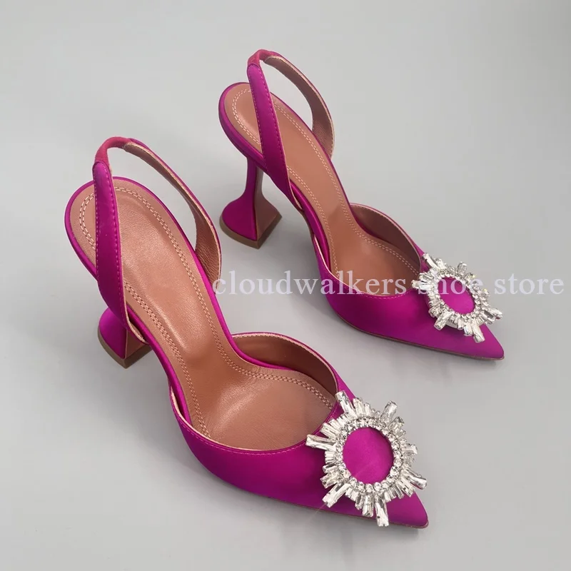 Elegant Silk Satin Multicolor Pointed Toe Cup Heel Sandal Luxury Sunflower Diamond Buckle Decor Slingback Graduation Party Pumps