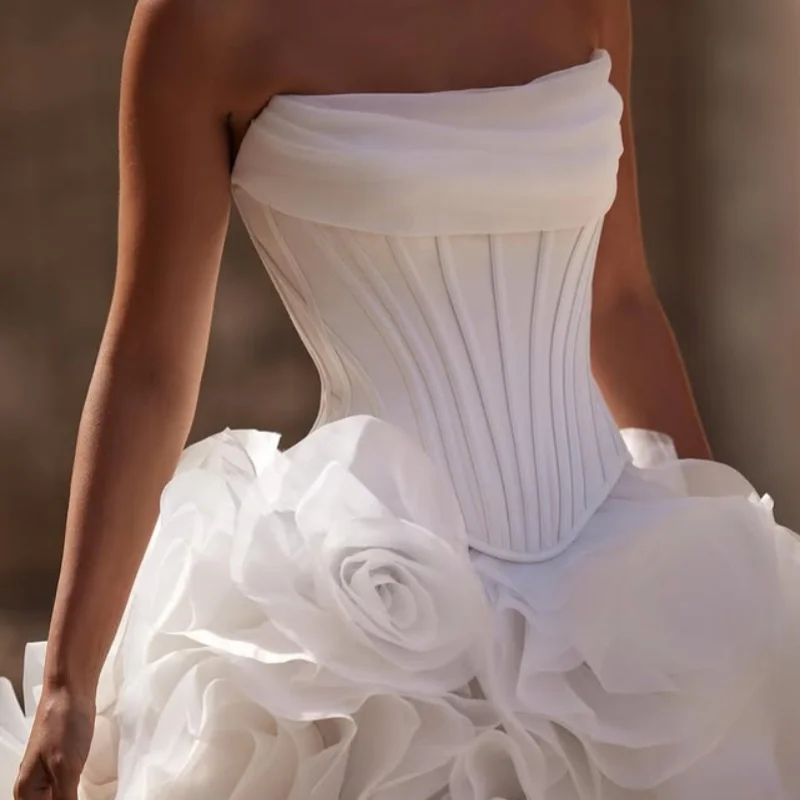 

Lace white Appliques Wedding Dresses layering off-shoulder 3D Flower Bridal Gowns Made Customized