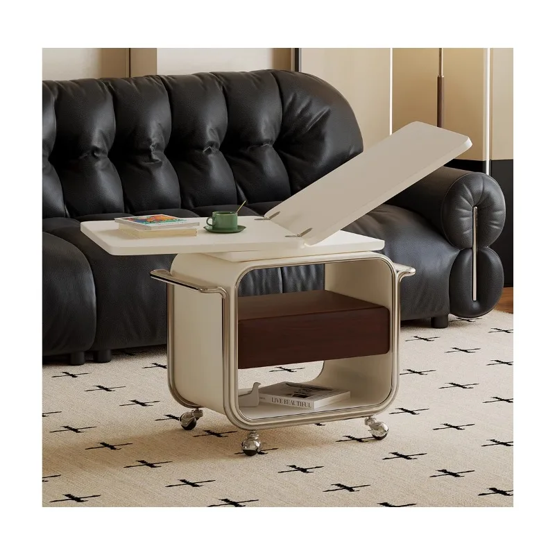 

French-style Retro Folding Mini Coffee Table, Multi-functional, Portable Side Table with Wheels, Small Trolley Side Table