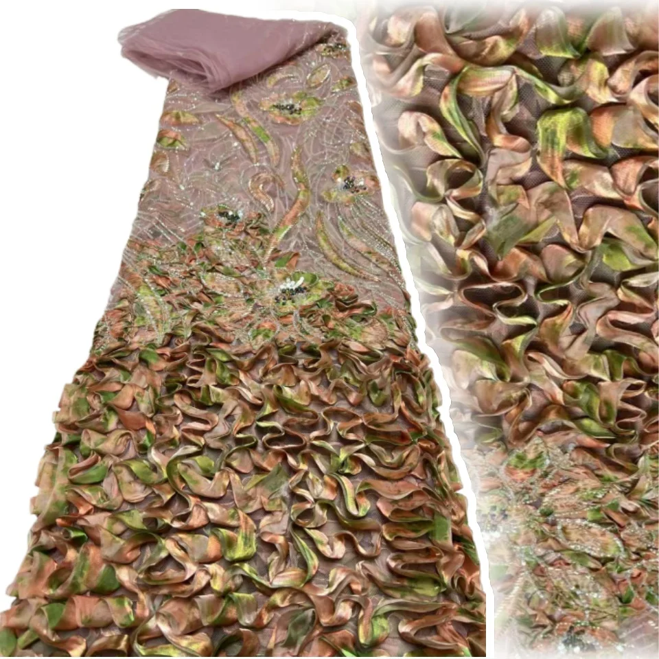 5 Yard Kain Bordir 3D Elegan Nigeria Afrika Berkualitas Tinggi Kain Renda Tulle Perancis dengan Payet untuk Pesta Pernikahan C1631