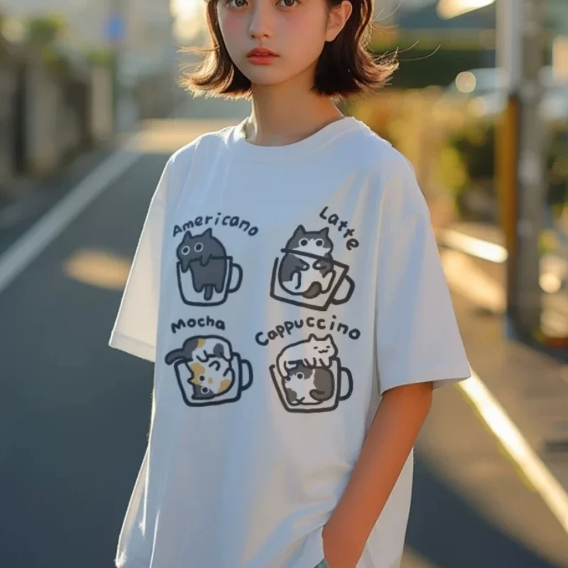 American Style Coffee Cat Print T-Shirts Man Casual Cotton T-Shirt Summer Breathable Tee Clothing Casual Loose Male T-Shirts