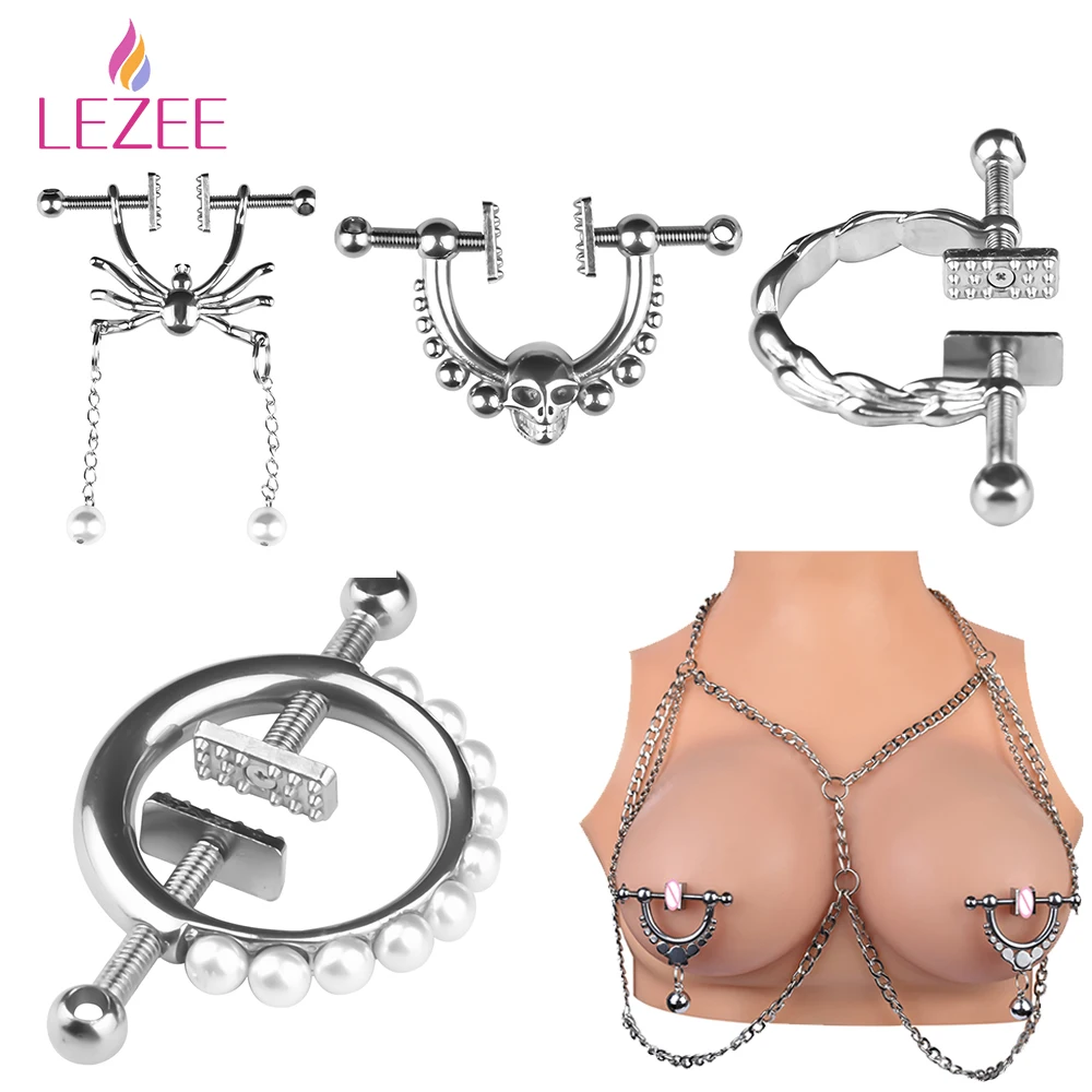 

LEZEE Metal Nipple Clamp With Chain Belt Body Clamps Breast Clips Women Erotic Chest Stimulate BDSM Sex Toys For Adult Game