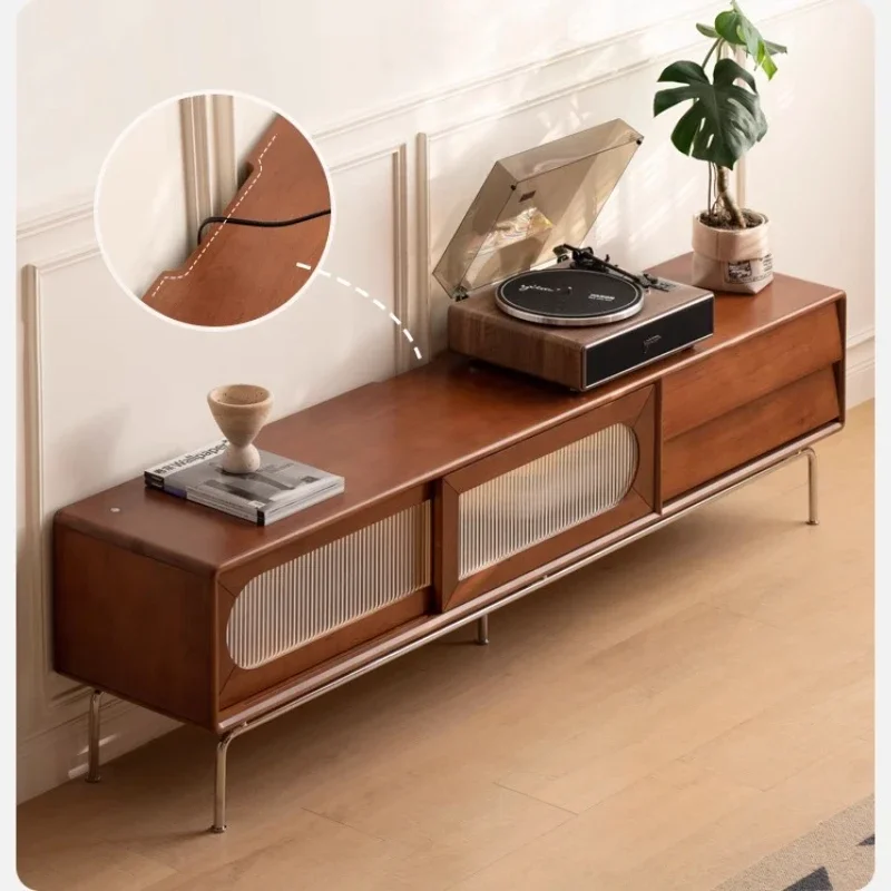 Solid wood TV cabinet with French retro glass sliding door