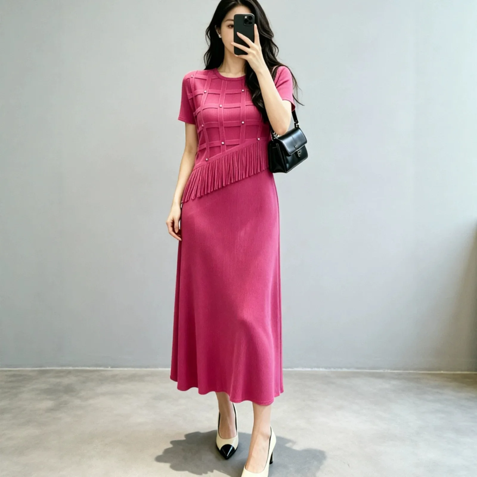 Miyake Design Pleated Dress Women's Summer Long Skirt Women's Tassel Splicing Dress Women's High-end