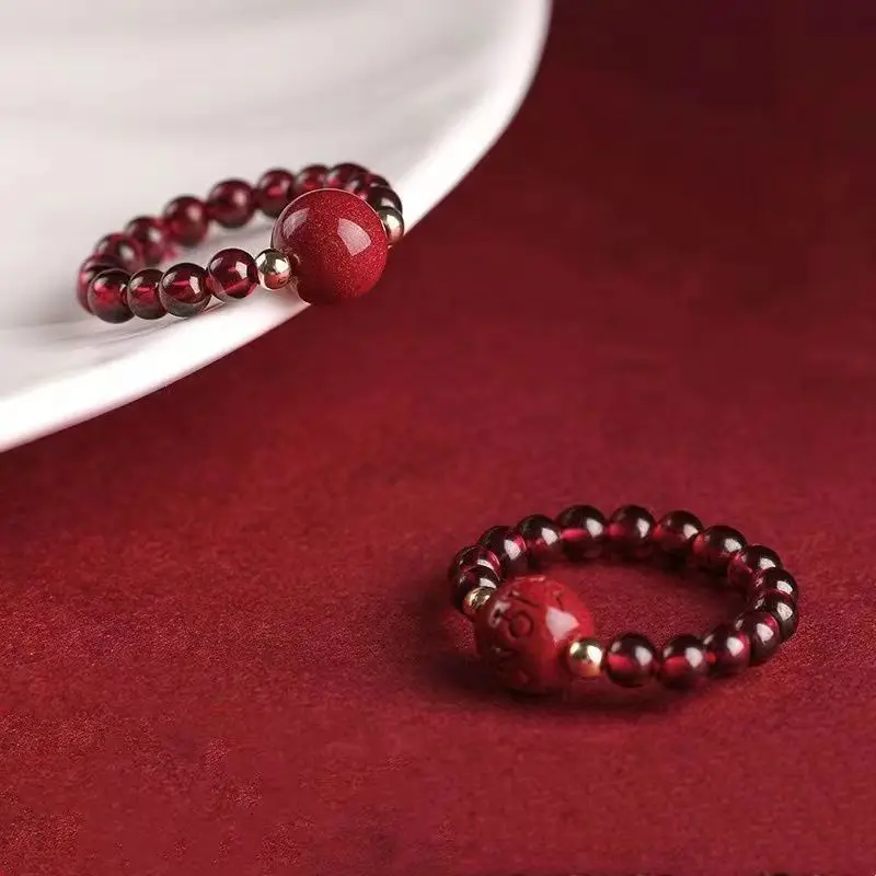 Natural raw ore cinnabar Funiu ring garnet ring men's and women's ethnic style Pixiu multi-style Wenwan jewelry