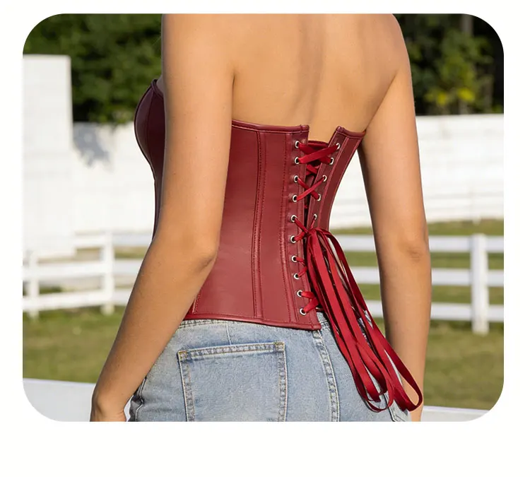 Damen-Korsett aus Kunstleder, Overbust-Schnitt, herzförmiger Ausschnitt, Reißverschluss vorne, Schnürung hinten, Taillenbetonung, Gothic, Halloween-Party, Club-Outfit. – Detail 9