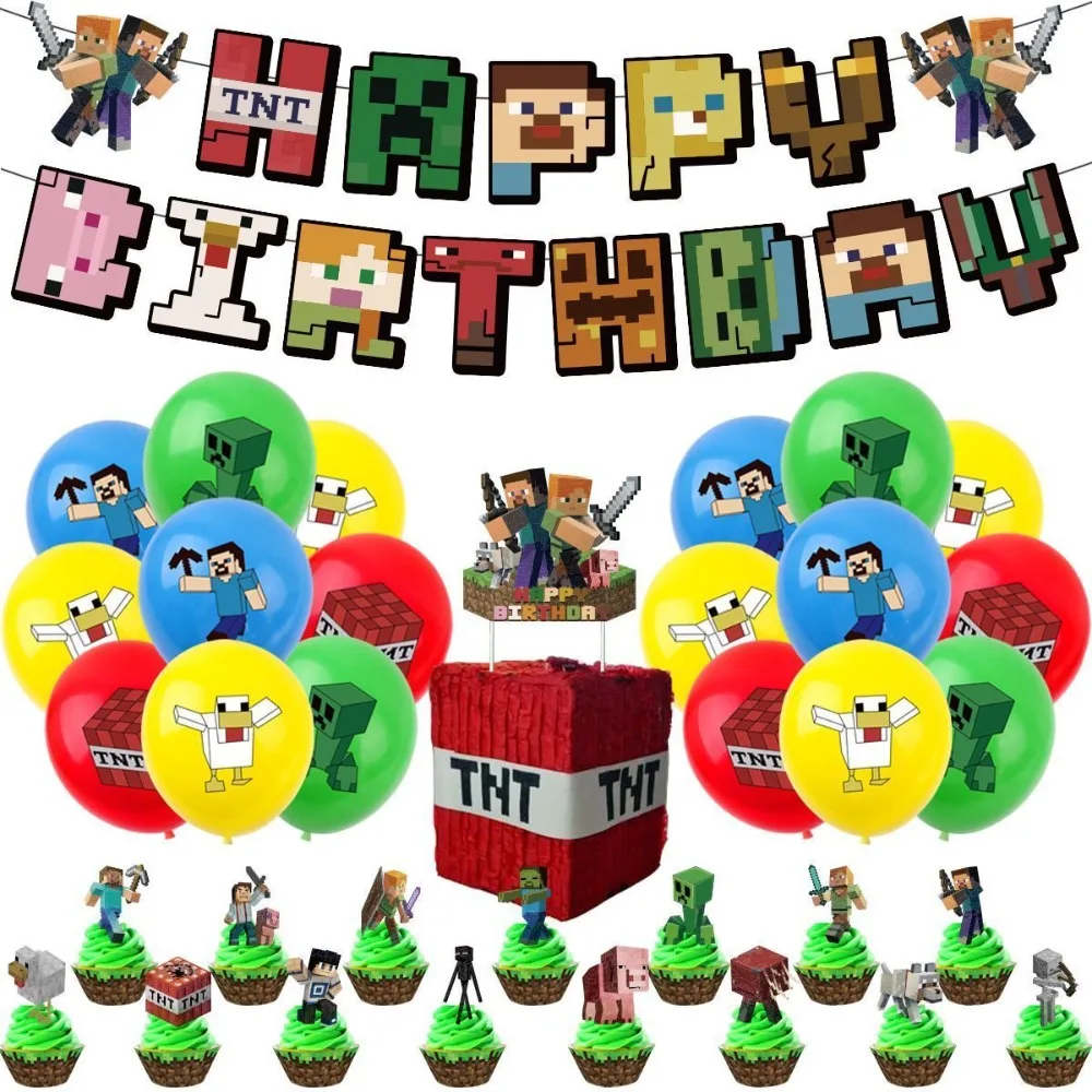 Game Minecraft birthday party decoration pixel birthday cake decoration hanging banner balloon vortex TNT ball games