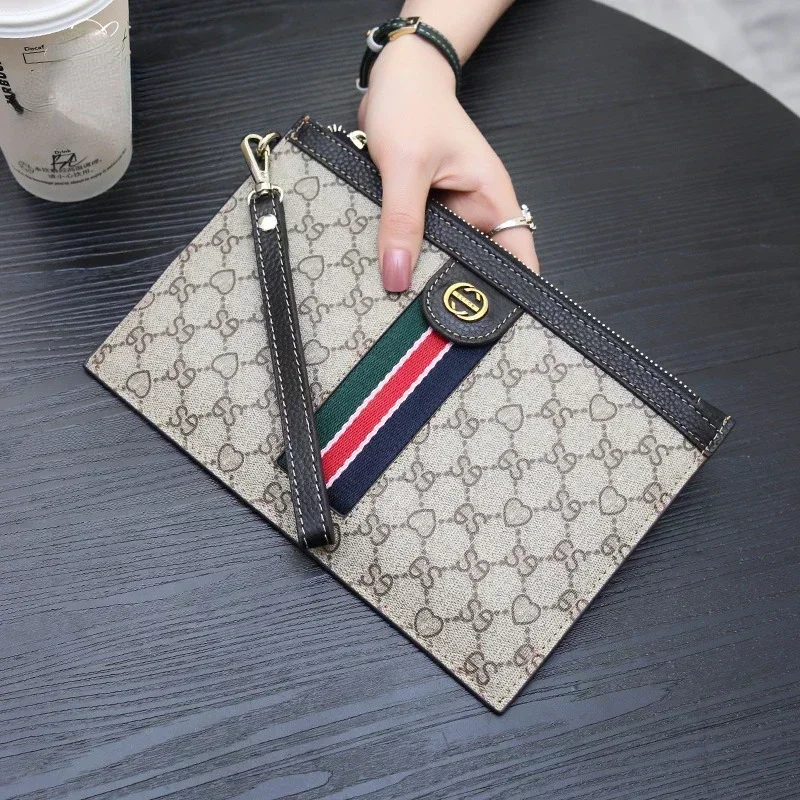 Women Fashion Clutch Wallets PVC + Genuine Cow Leather Strip Letter Cellphone Holder Envelop Money Clip With Zipper Handbag