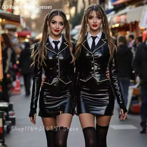 Modern Mini Short Prom Dress Suits Shiny Black PVC Homecoming Dress Long Sleeves Sheath Customized Evening Cocktail Party Gown