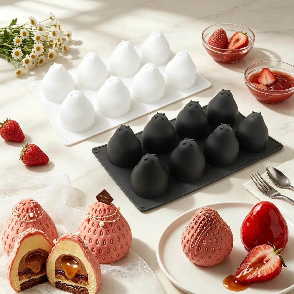 Molde de silicona de grado alimenticio con diseño de fresa de 8 o 10 celdas para mousse, chocolate y gelatina, utensilios antiadherentes para repostería de postres