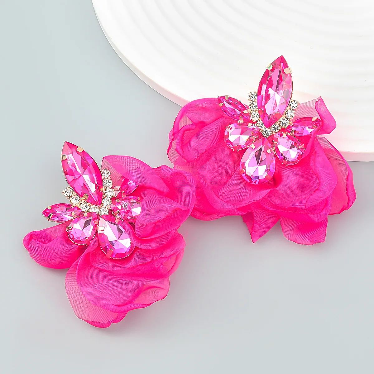 Elegant Statement Fuchsia Rhinestone Cloth Floral Dangle Earrings for Women Summer Holiday Party Earring