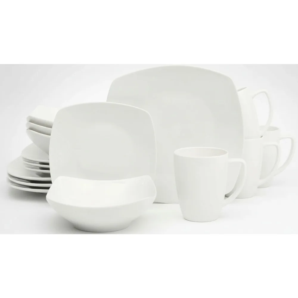 

Square Porcelain Dinnerware Set 16pcs Chip Resistant Plates Bowls Mugs Service for 4 Family Kitchen