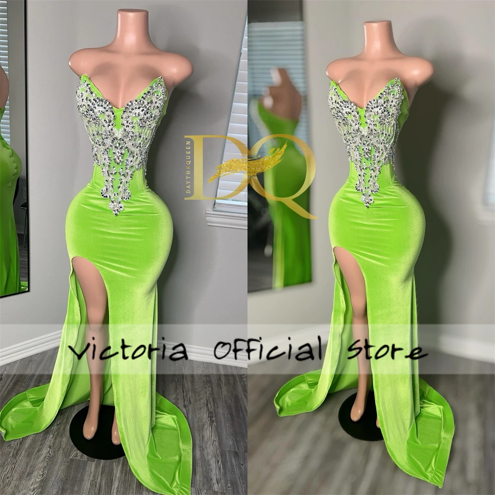 Fluorescent Green Velvet High Split Silver Crystal Luxury Prom Dress 2024 For Blackgirls African Mermiad Customized