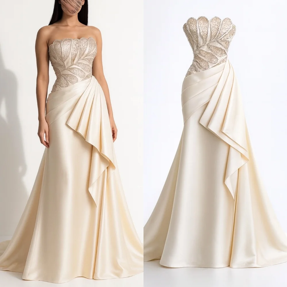 

Customized Intricate Matching Pleat Ruched Draped Mermaid Sequined Mermaid Strapless Long Dresses Evening Dresses High Quality