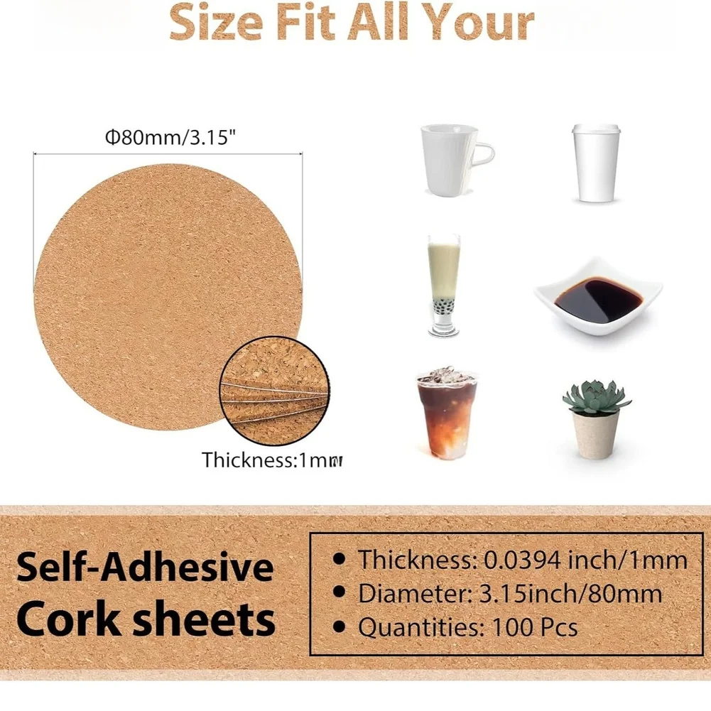 Brown Natural Cork Sheets 80mm Round Self Non Slip Heat Resistant Pads For DIY Coasters Crafts Home Kitchen Gadgets